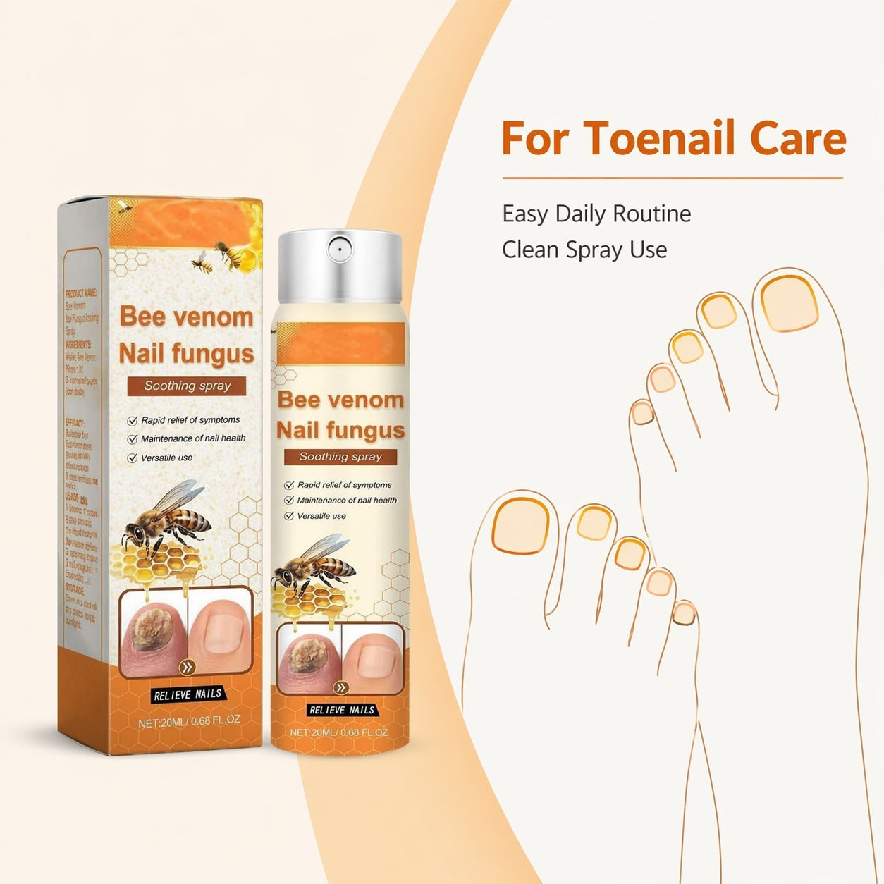 Bee Venom Nail Fungus Appearance Care Spray for Rough Yellow Toenails, 20ml