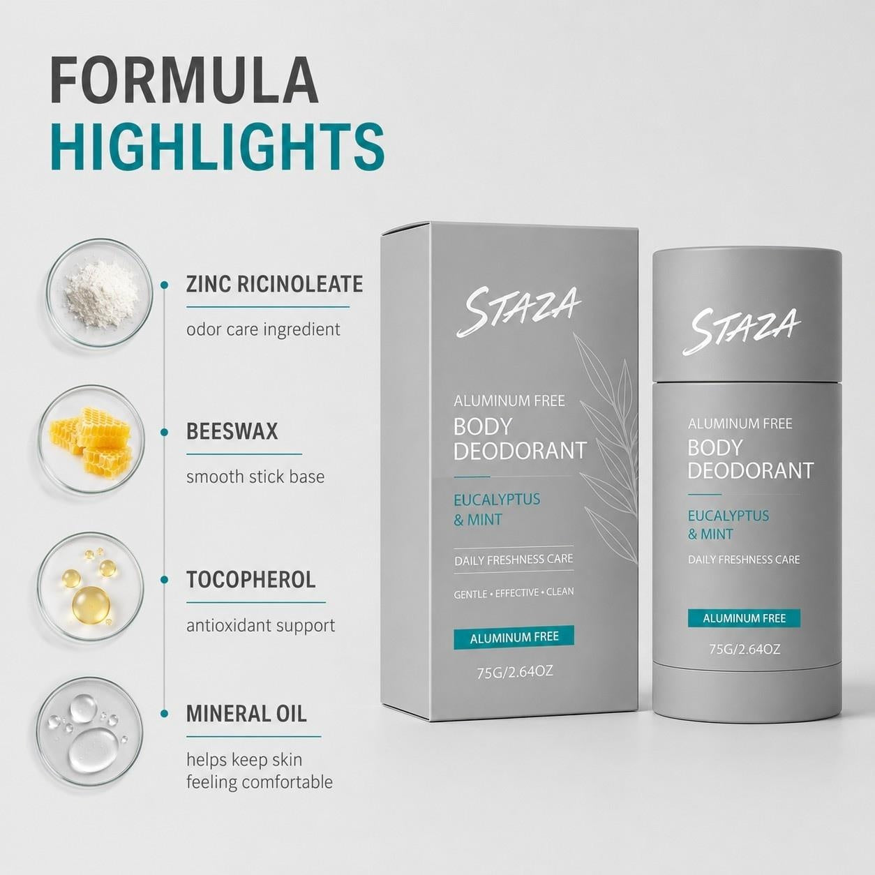 STAZA Aluminum Free Body Deodorant Stick for Men and Women Daily Freshness Care Smooth Glide Formula with Eucalyptus Mint and Santal Leather Scents Solid 75 g 2.64 oz