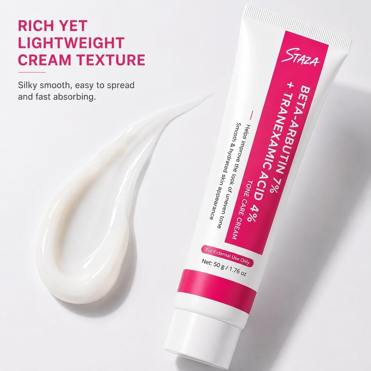 STAZA Beta Arbutin 7% and Tranexamic Acid 4% Face Cream, Daily Moisture Care for Smooth and Even-Looking Skin, 50 g / 1.76 oz