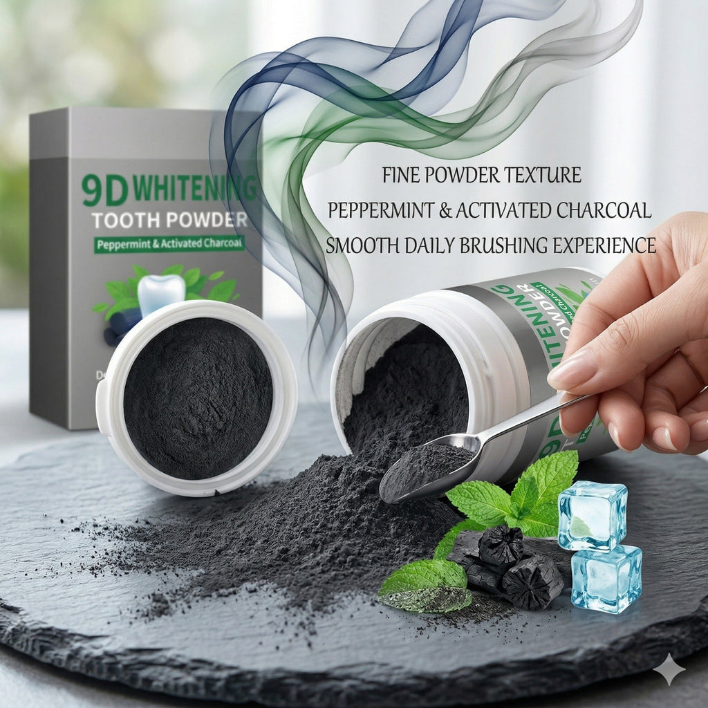 9D Activated Charcoal Teeth Whitening Powder with Peppermint, 80g