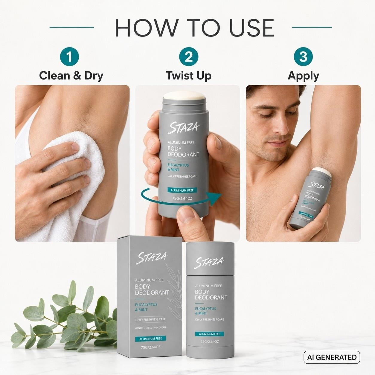 STAZA Aluminum Free Body Deodorant Stick for Men and Women Daily Freshness Care Smooth Glide Formula with Eucalyptus Mint and Santal Leather Scents Solid 75 g 2.64 oz