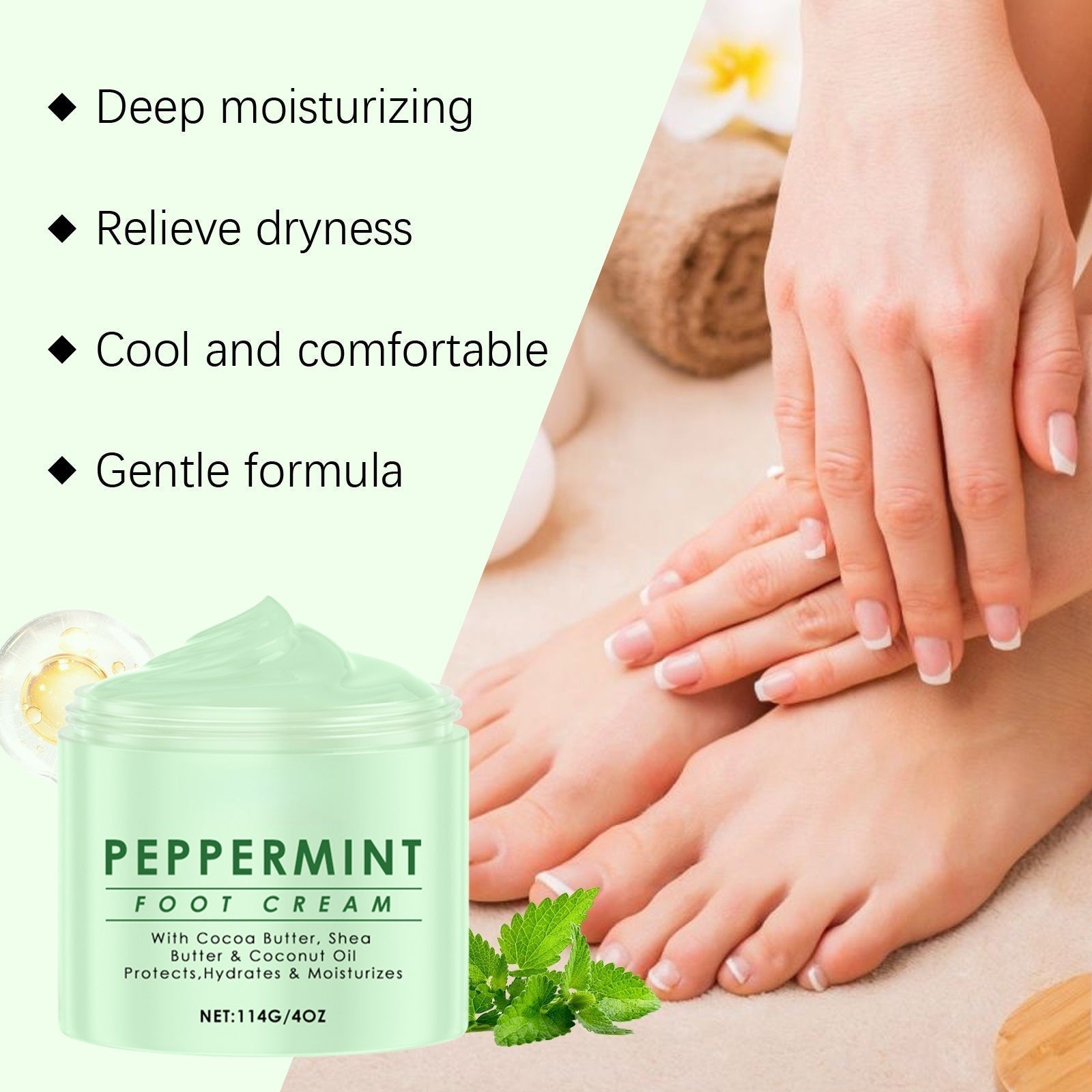 Peppermint Foot Cream with Cocoa Butter & Shea for Dry Rough Feet, 4 oz