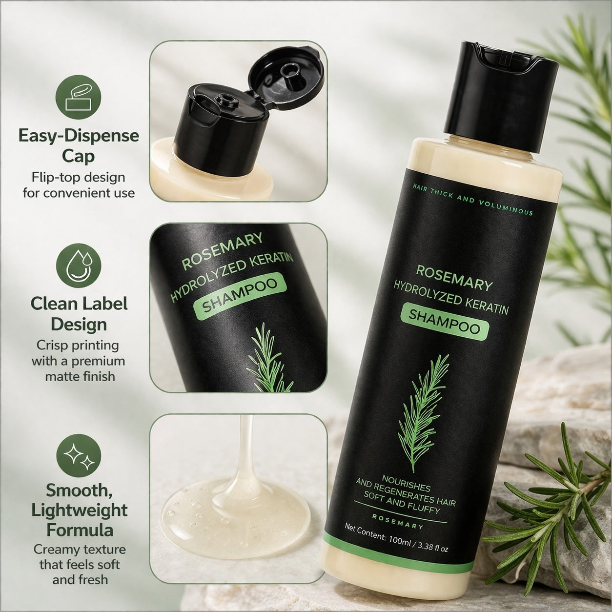 Rosemary Keratin Shampoo 100ml for Soft, Full-Looking Hair