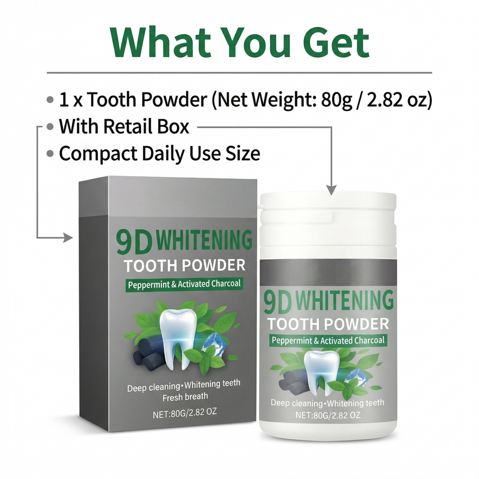 9D Activated Charcoal Teeth Whitening Powder with Peppermint, 80g