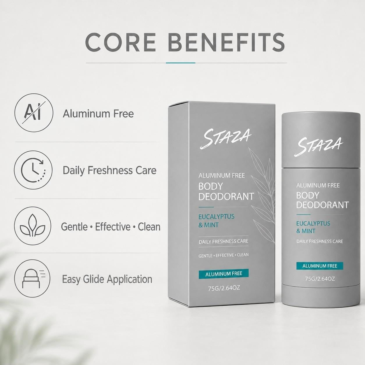 STAZA Aluminum Free Body Deodorant Stick for Men and Women Daily Freshness Care Smooth Glide Formula with Eucalyptus Mint and Santal Leather Scents Solid 75 g 2.64 oz