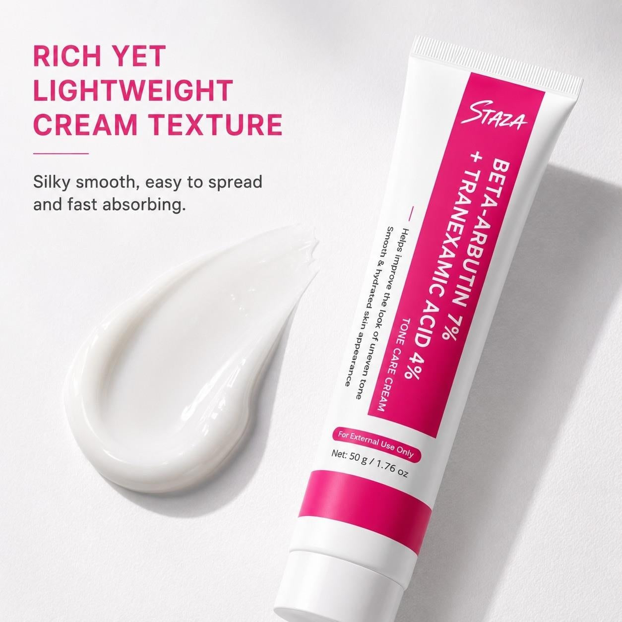 STAZA Beta Arbutin 7% and Tranexamic Acid 4% Face Cream, Daily Moisture Care for Smooth and Even-Looking Skin, 50 g / 1.76 oz