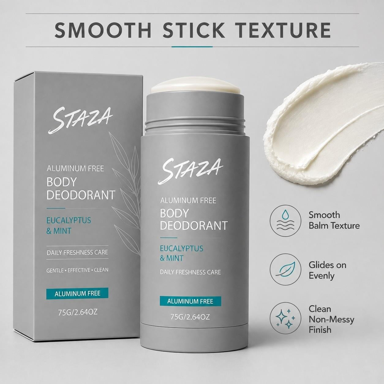 STAZA Aluminum Free Body Deodorant Stick for Men and Women Daily Freshness Care Smooth Glide Formula with Eucalyptus Mint and Santal Leather Scents Solid 75 g 2.64 oz