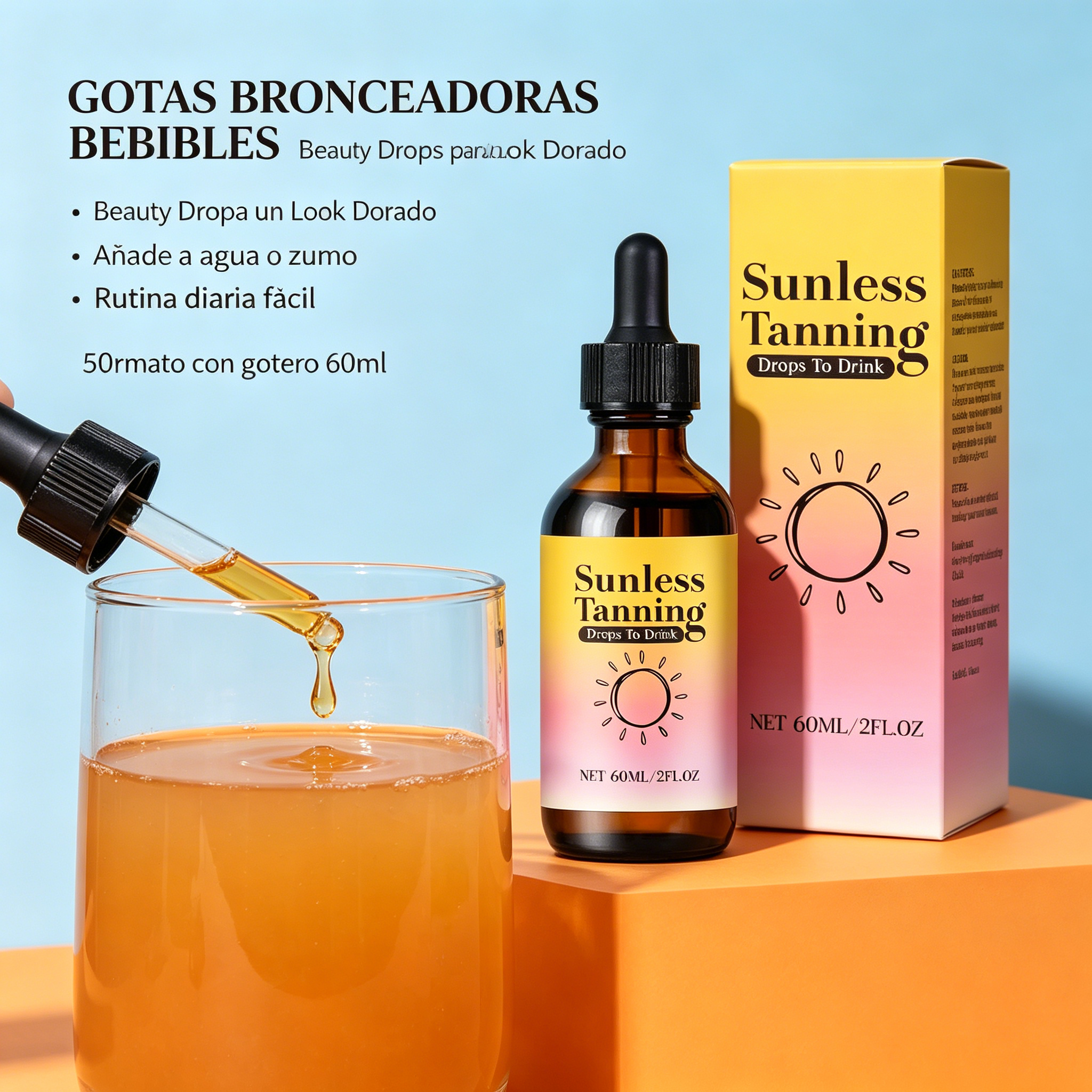 Gotas Bronceadoras Bebibles 60 ml para Rutina de Belleza y Look Dorado