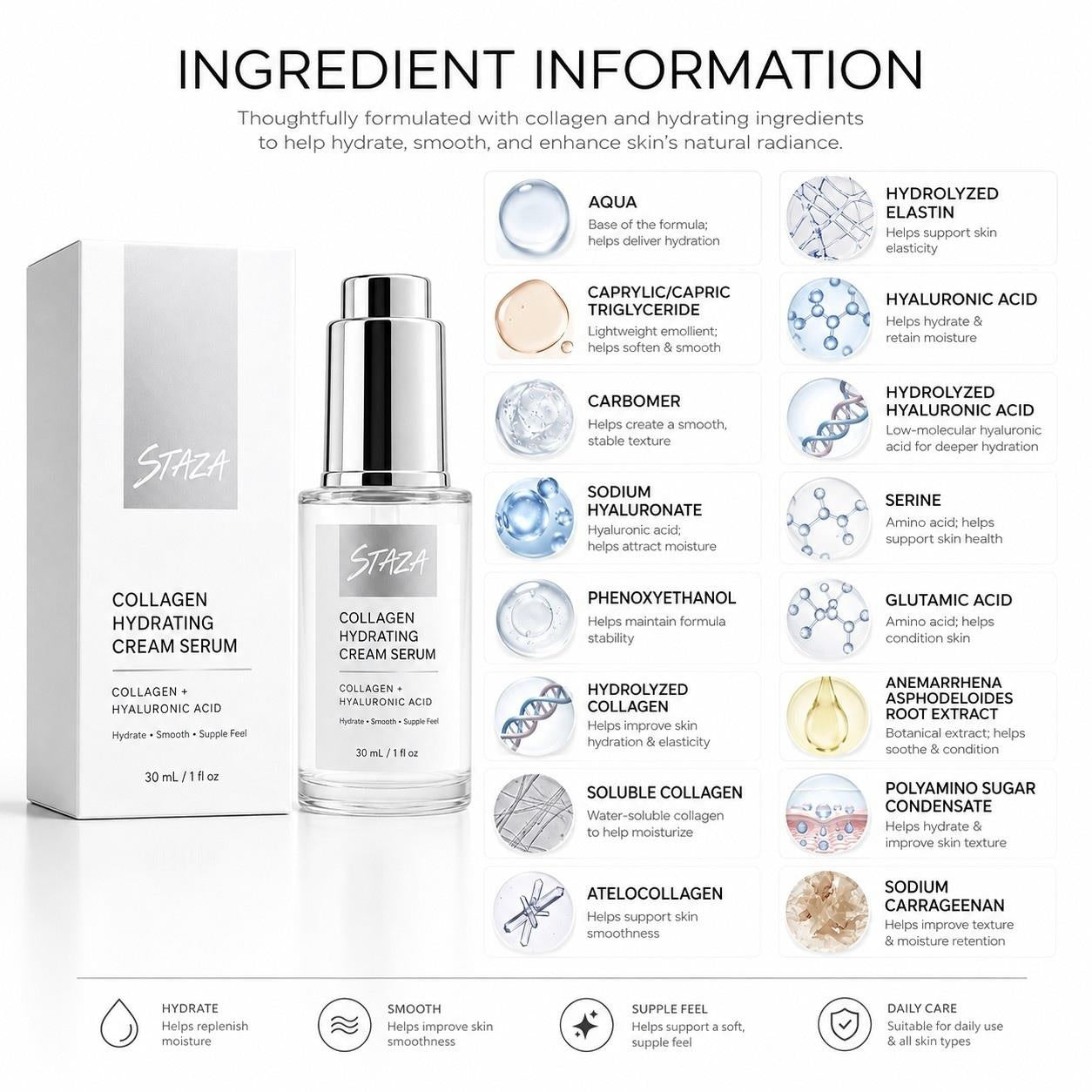 STAZA Collagen Hydrating Cream Serum with Hyaluronic Acid, Lightweight Daily Facial Moisturizer for Smooth Soft and Supple Feeling Skin, 30 mL / 1 fl oz