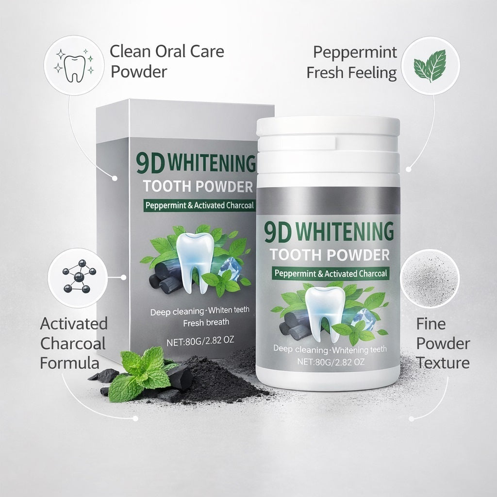 9D Activated Charcoal Teeth Whitening Powder with Peppermint, 80g