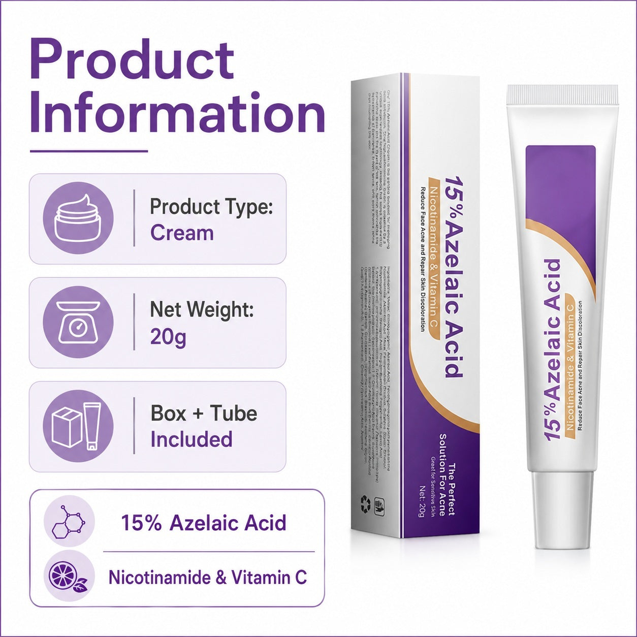 15% Azelaic Acid Cream with Nicotinamide & Vitamin C for Blemish Marks, 20g