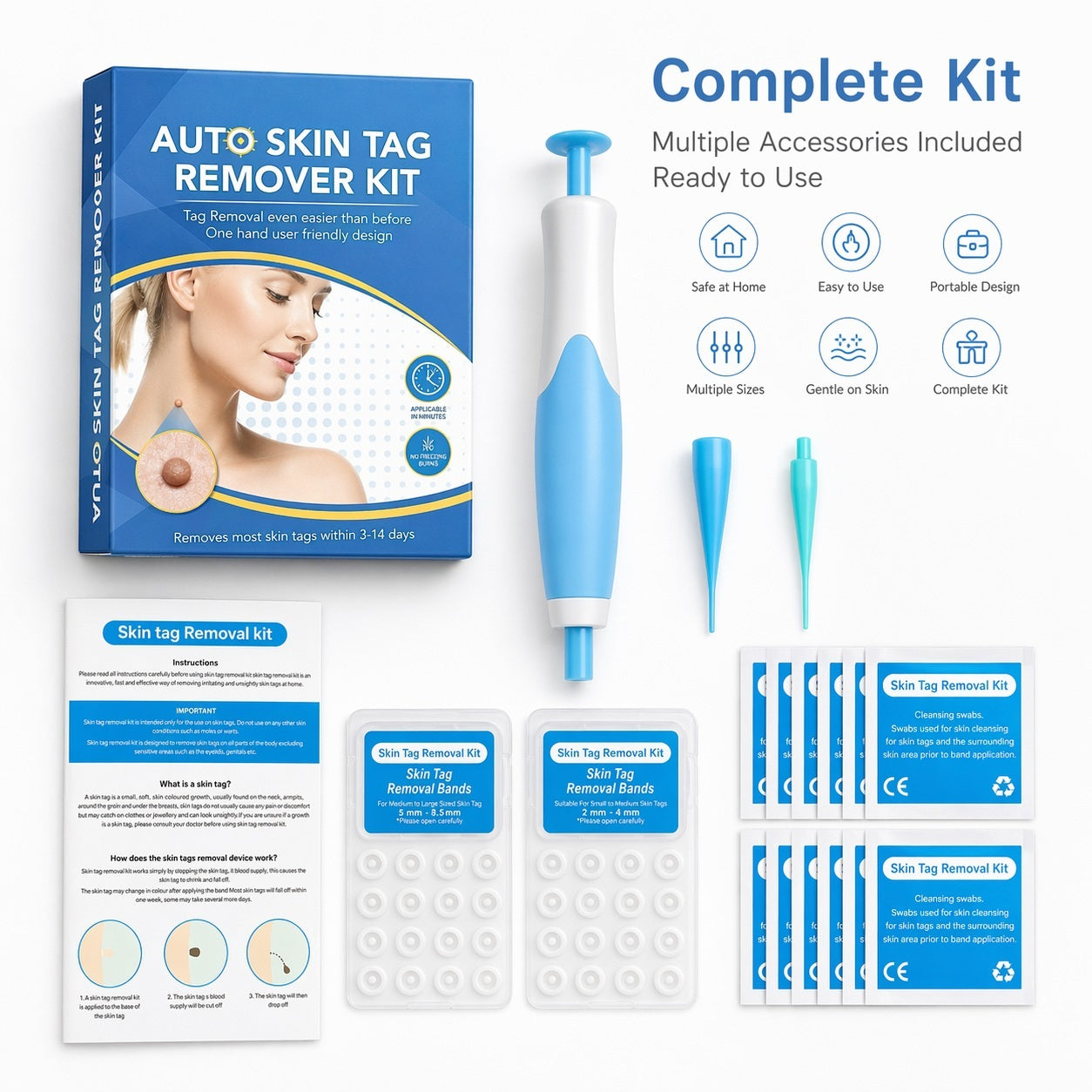 Skin Tag Removal Band Kit with One-Hand Applicator, Bands, Tips & Wipes