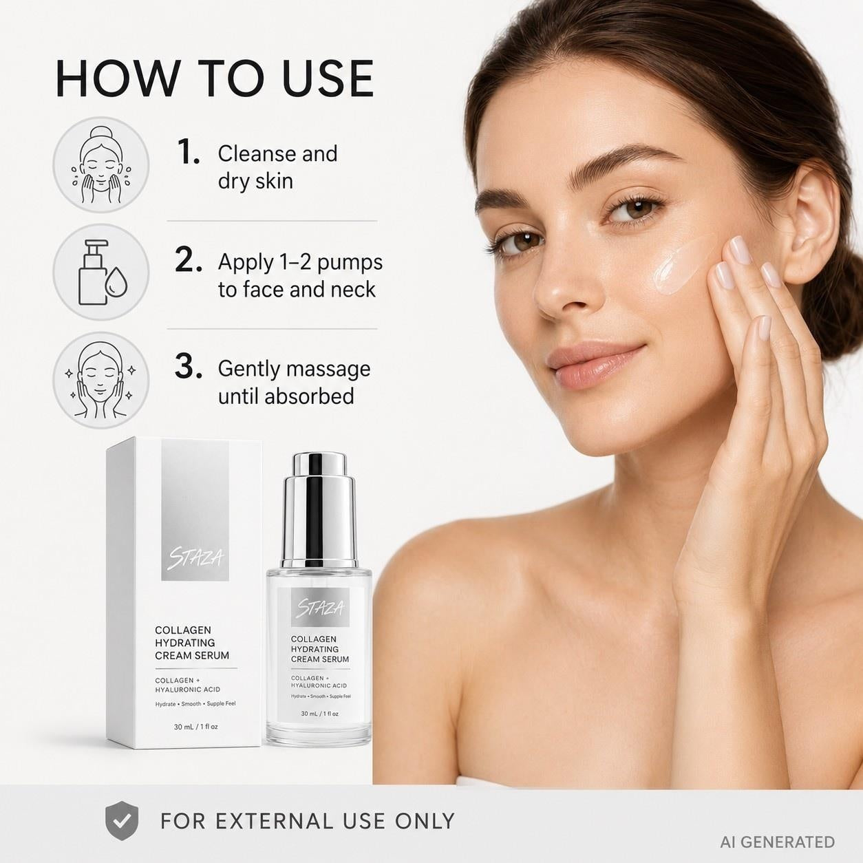 STAZA Collagen Hydrating Cream Serum with Hyaluronic Acid, Lightweight Daily Facial Moisturizer for Smooth Soft and Supple Feeling Skin, 30 mL / 1 fl oz