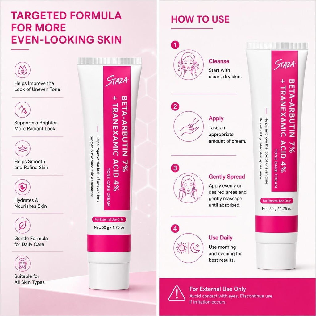 STAZA Beta Arbutin 7% and Tranexamic Acid 4% Face Cream, Daily Moisture Care for Smooth and Even-Looking Skin, 50 g / 1.76 oz