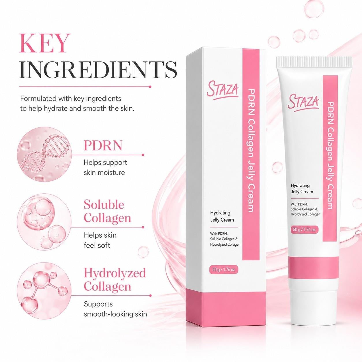 STAZA PDRN Collagen Jelly Cream, Hydrating Facial Moisturizer with Soluble and Hydrolyzed , Lightweight Daily Skin Care, 50 g / 1.76 oz