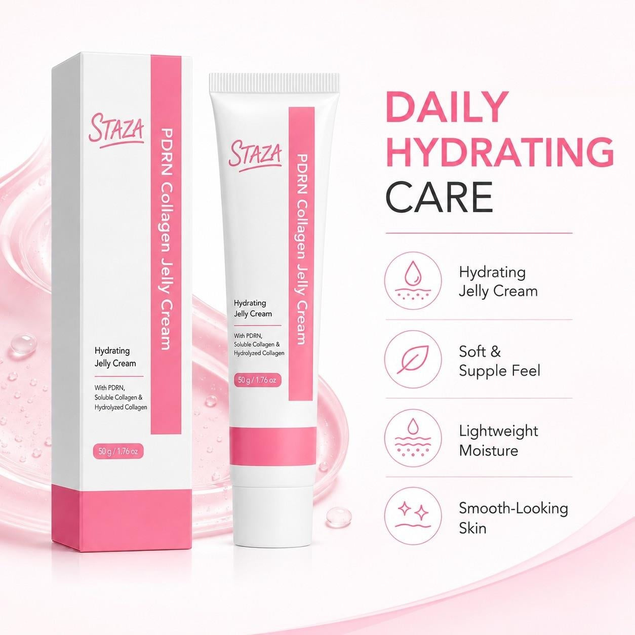 STAZA PDRN Collagen Jelly Cream, Hydrating Facial Moisturizer with Soluble and Hydrolyzed , Lightweight Daily Skin Care, 50 g / 1.76 oz