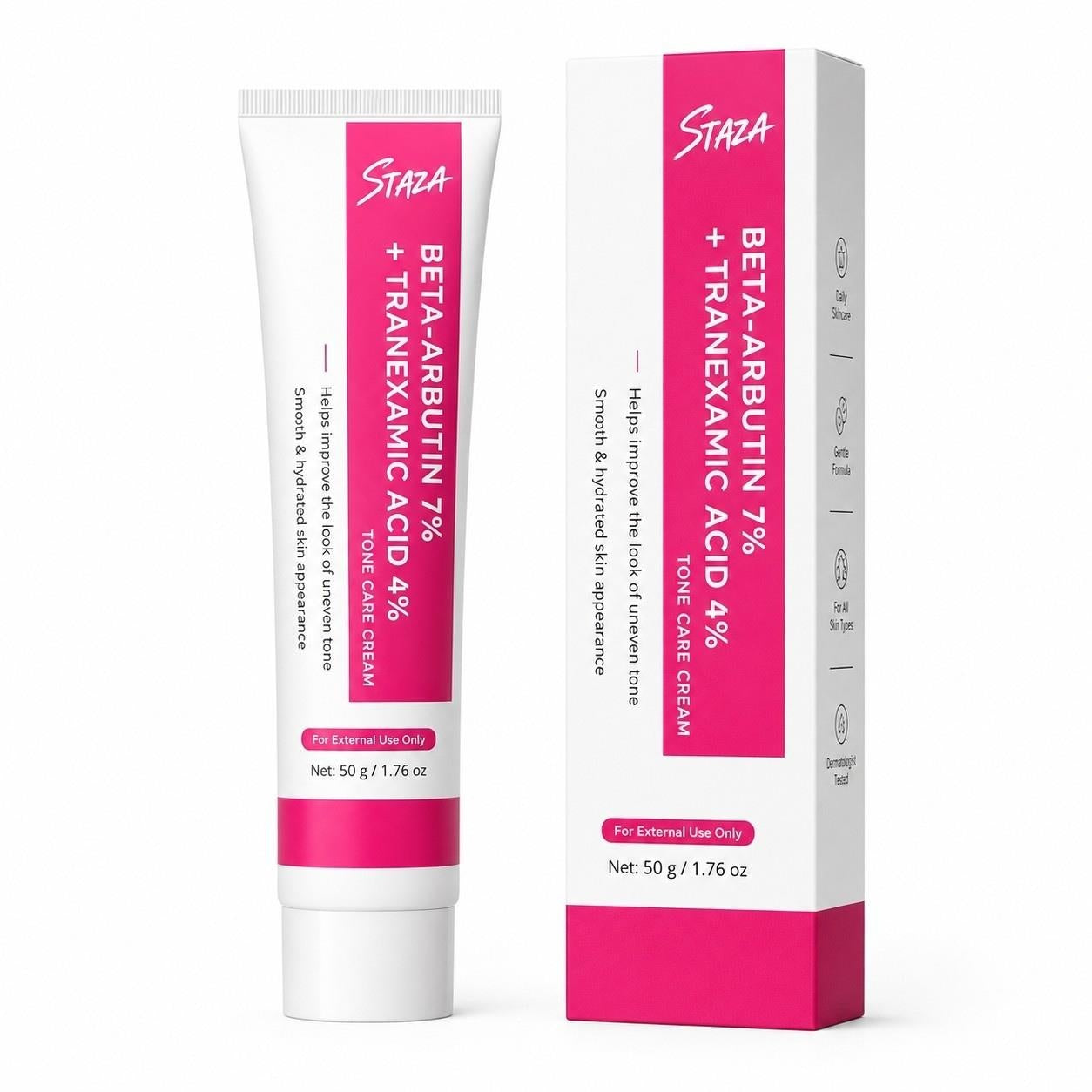 STAZA Beta Arbutin 7% and Tranexamic Acid 4% Face Cream, Daily Moisture Care for Smooth and Even-Looking Skin, 50 g / 1.76 oz