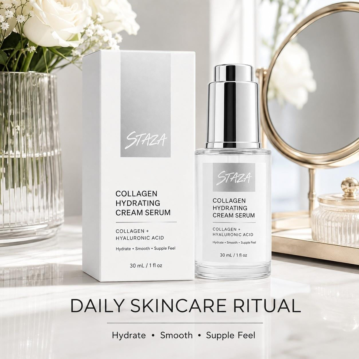STAZA Collagen Hydrating Cream Serum with Hyaluronic Acid, Lightweight Daily Facial Moisturizer for Smooth Soft and Supple Feeling Skin, 30 mL / 1 fl oz