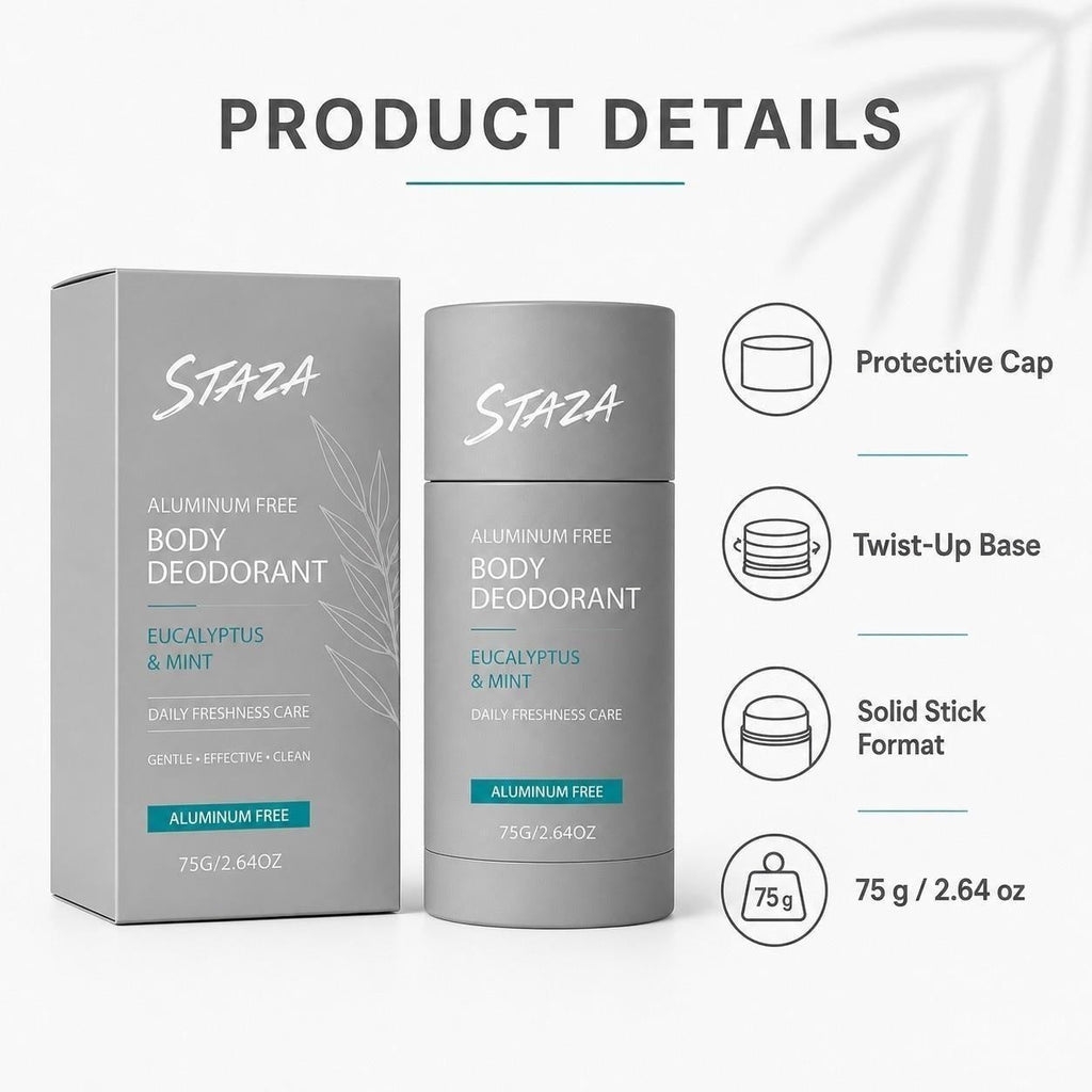 STAZA Aluminum Free Body Deodorant Stick for Men and Women Daily Freshness Care Smooth Glide Formula with Eucalyptus Mint and Santal Leather Scents Solid 75 g 2.64 oz