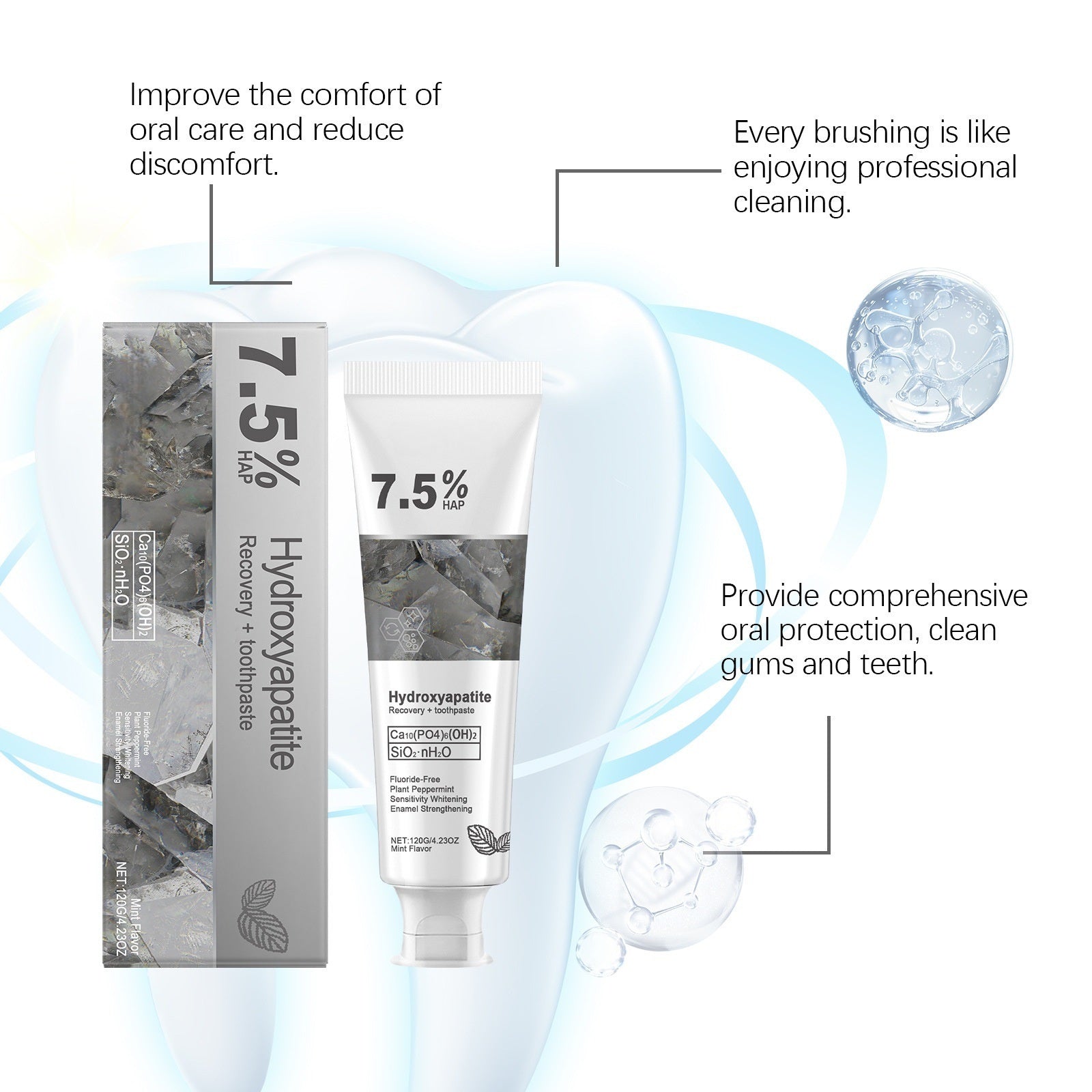 7.5% Hydroxyapatite Fluoride-Free Toothpaste for Enamel Care, Mint Flavor, 120g