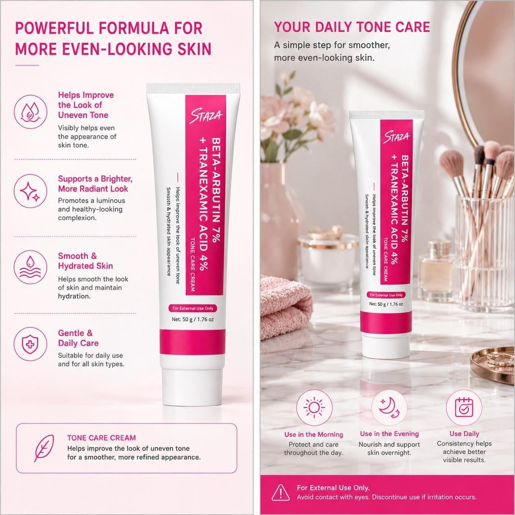 STAZA Beta Arbutin 7% and Tranexamic Acid 4% Face Cream, Daily Moisture Care for Smooth and Even-Looking Skin, 50 g / 1.76 oz