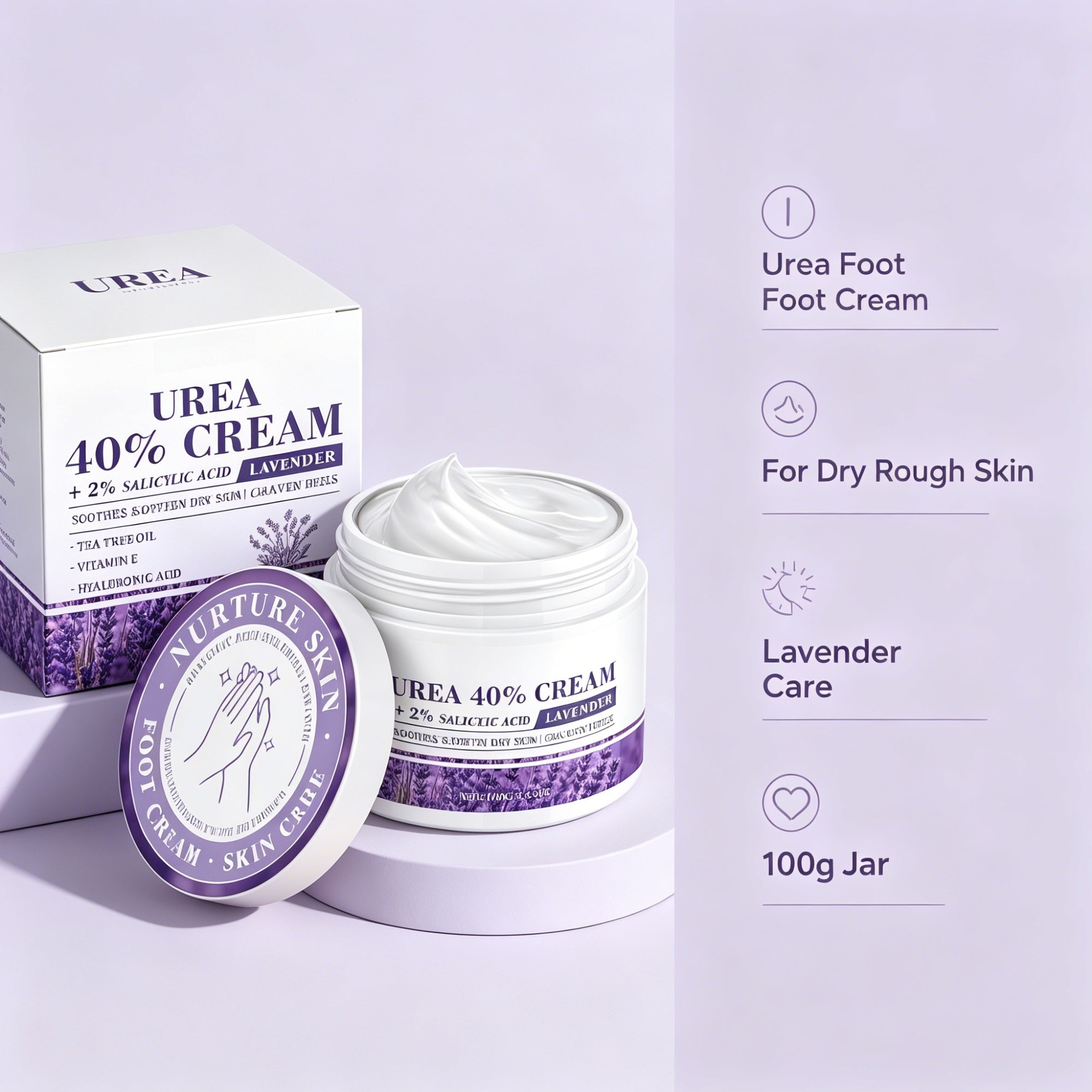 40% Urea Lavender Foot Cream with 2% Salicylic Acid for Dry Rough Heels, 100g
