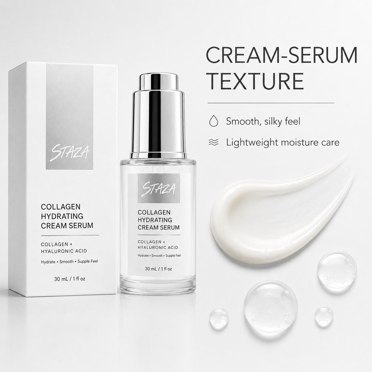STAZA Collagen Hydrating Cream Serum with Hyaluronic Acid, Lightweight Daily Facial Moisturizer for Smooth Soft and Supple Feeling Skin, 30 mL / 1 fl oz