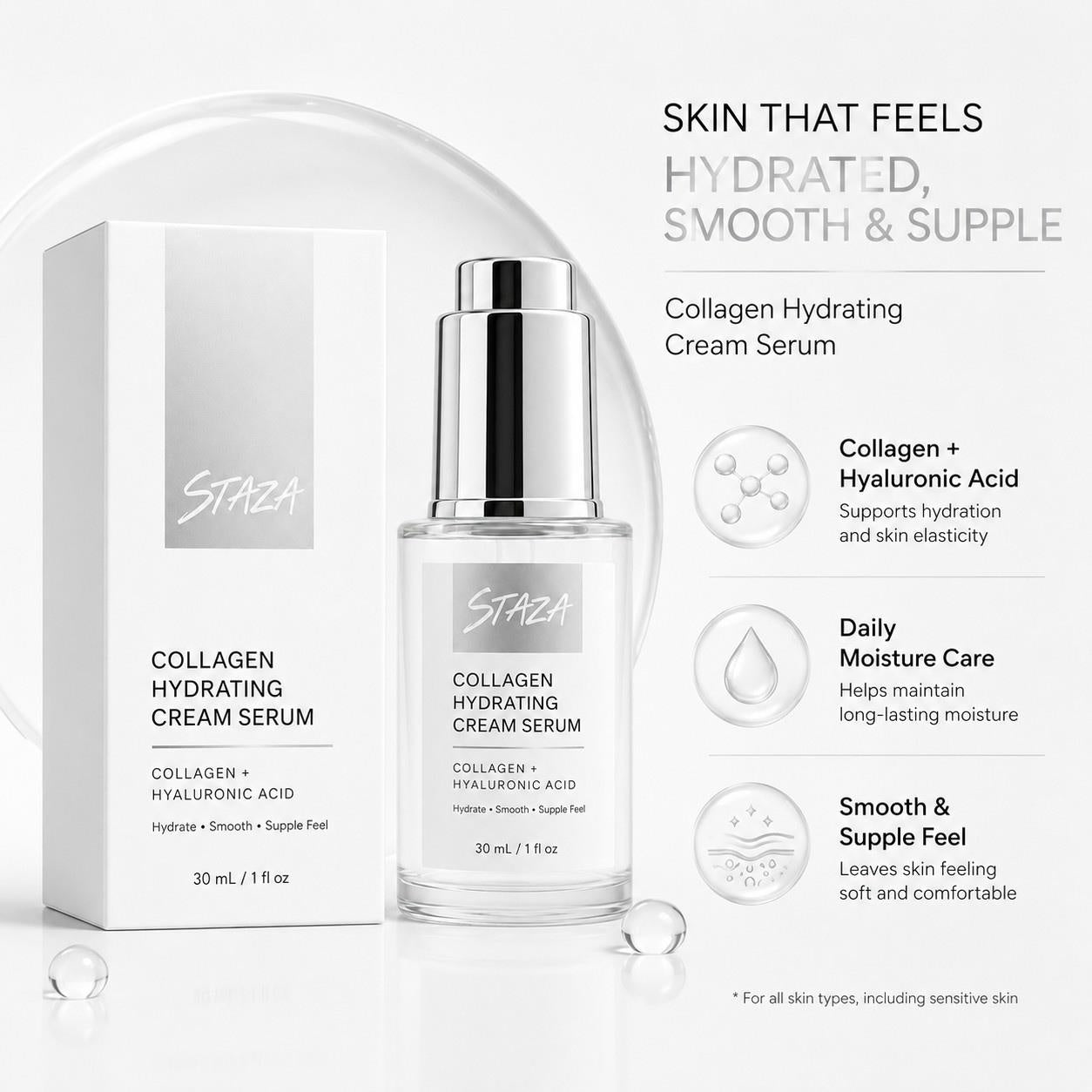 STAZA Collagen Hydrating Cream Serum with Hyaluronic Acid, Lightweight Daily Facial Moisturizer for Smooth Soft and Supple Feeling Skin, 30 mL / 1 fl oz