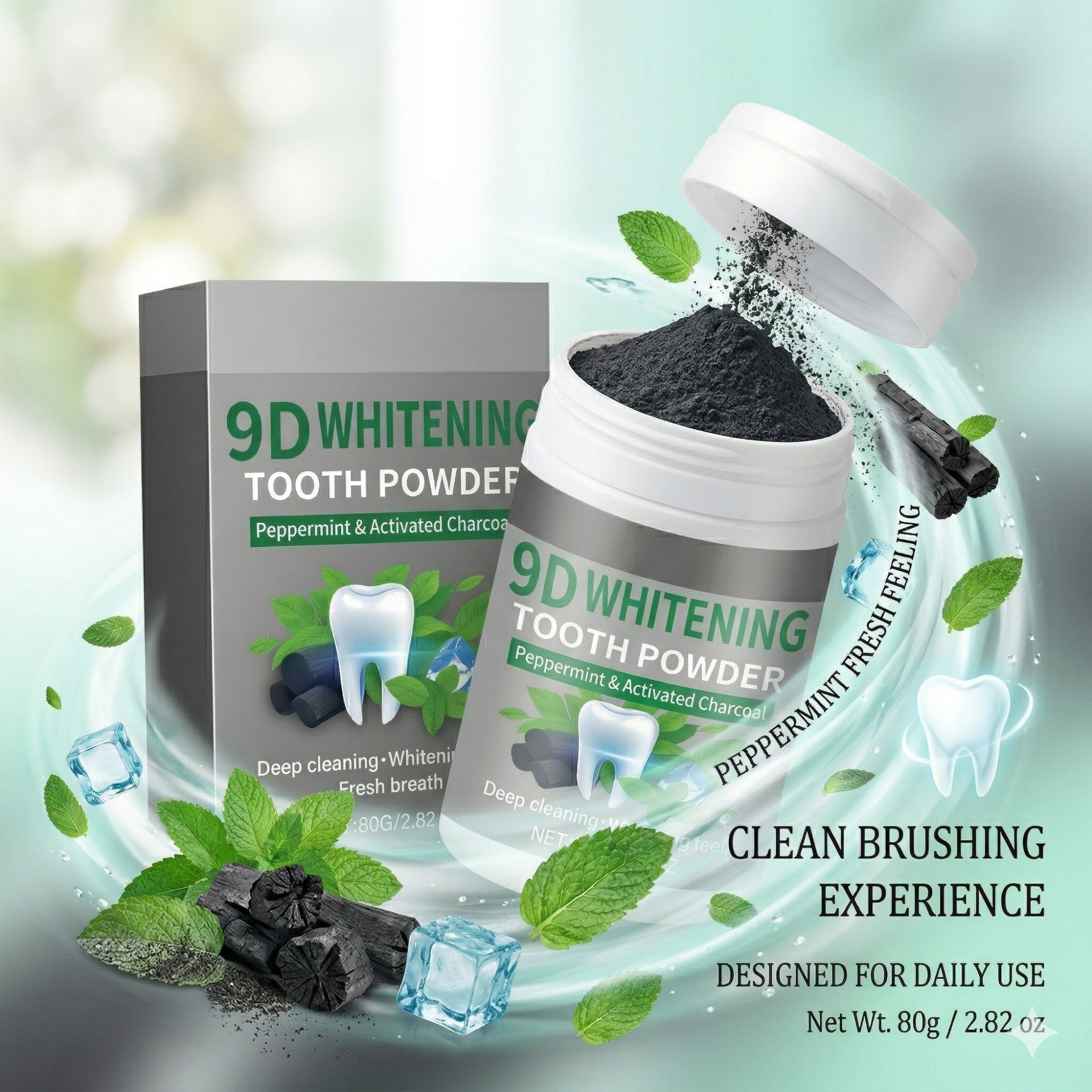 9D Activated Charcoal Teeth Whitening Powder with Peppermint, 80g